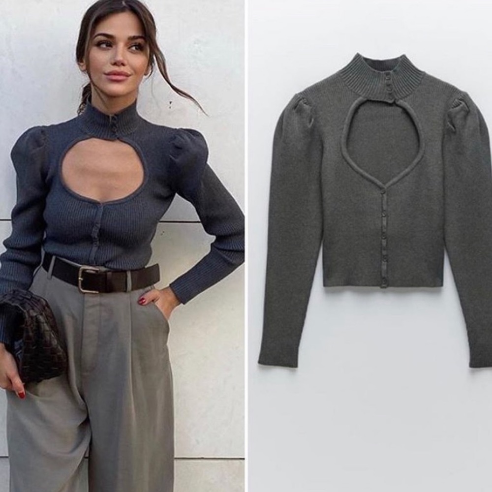 𝗡𝗪𝗧 𝗭𝗮𝗿𝗮 • Cut Out Knit Sweater Cropped Puff Shoulder Button Anthracite M